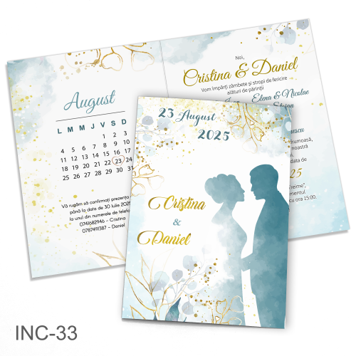 Invitatii nunta clasice - Decoratiuni florale si siluete miri - INC-33