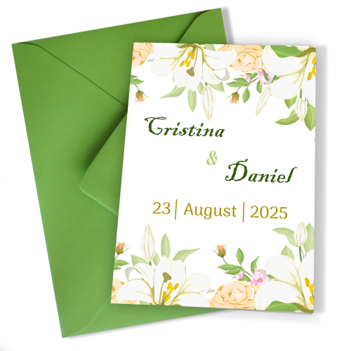 Invitatii nunta clasice cu plic Verde Fistic - Decoratiuni florale - INC-39