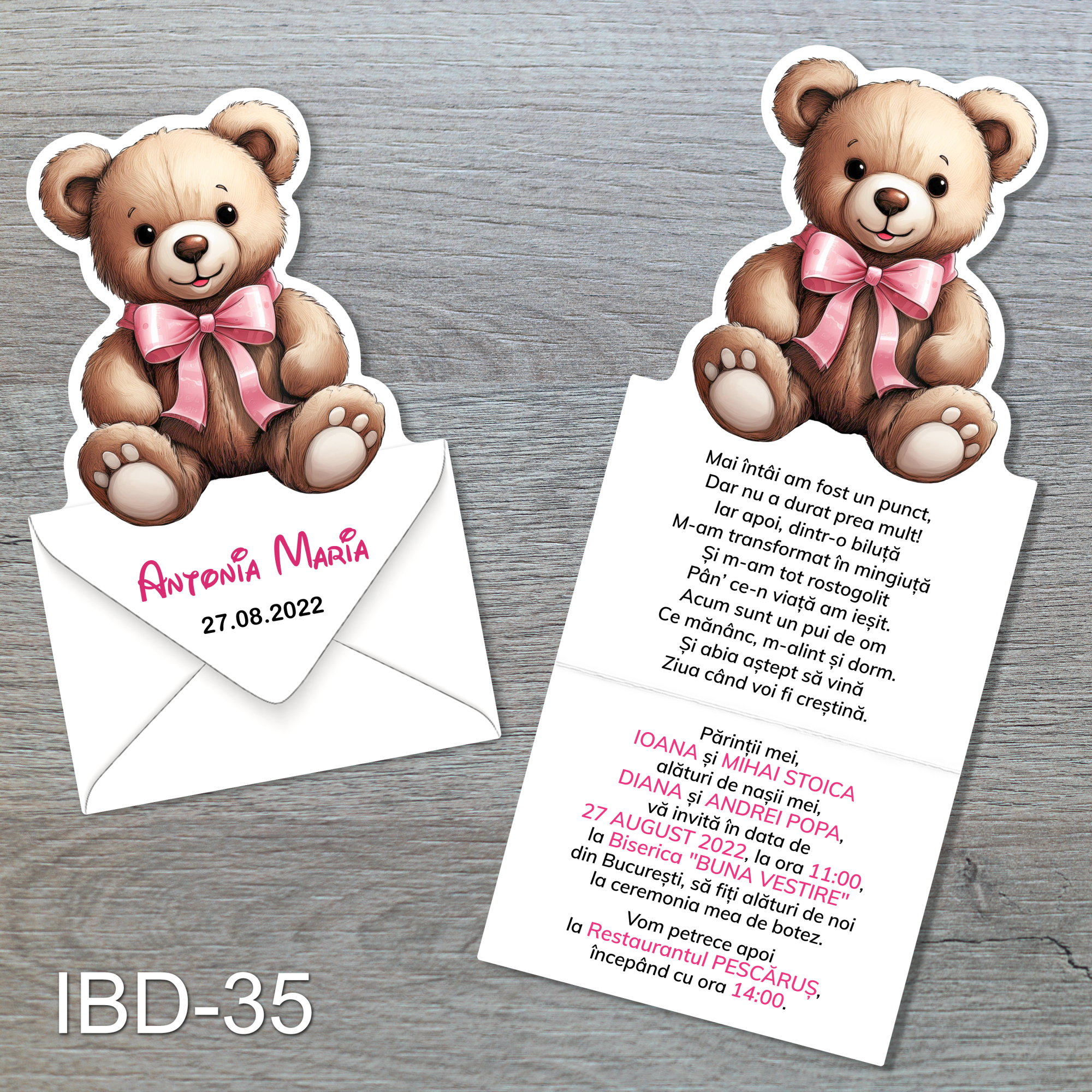 invitatii botez ursulet fetite IBD-35 Invitatii botez Ursulet - Decupate - IBD-35 - imagine 1