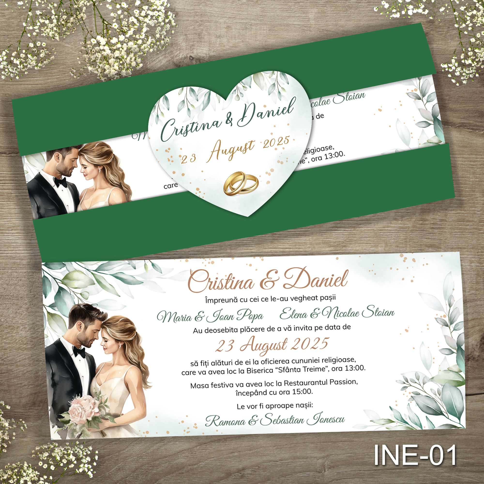 invitatii-nunta-deosebite-cu-mire-si-mireasa-INE-01 Invitatii nunta cu eticheta si plic Verde Inchis - INE-01 - imagine 1