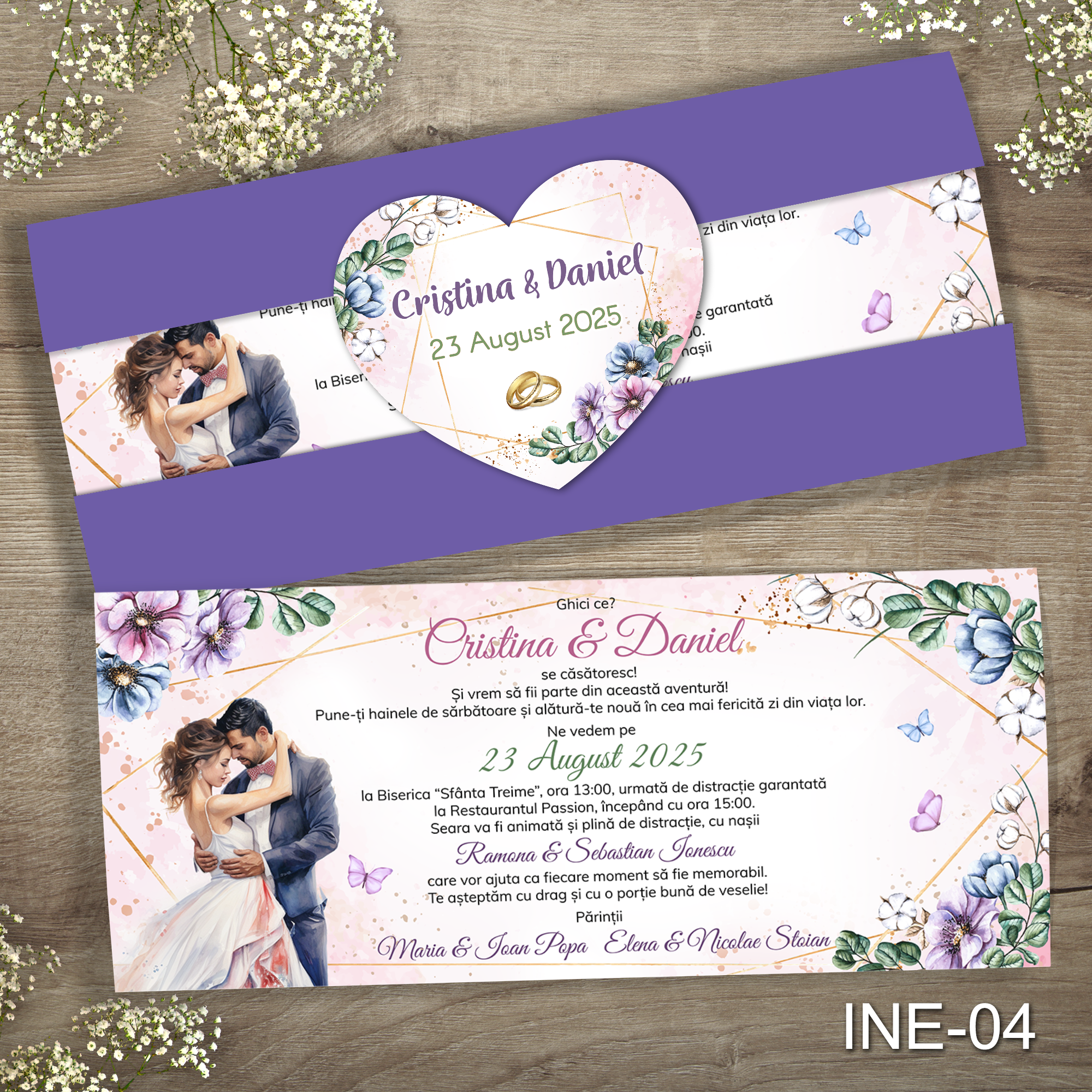 modele-invitatii-nunta-mire-si-mireasa-INE-04 Invitatii nunta cu eticheta si plic Mov - INE-04 - imagine 1