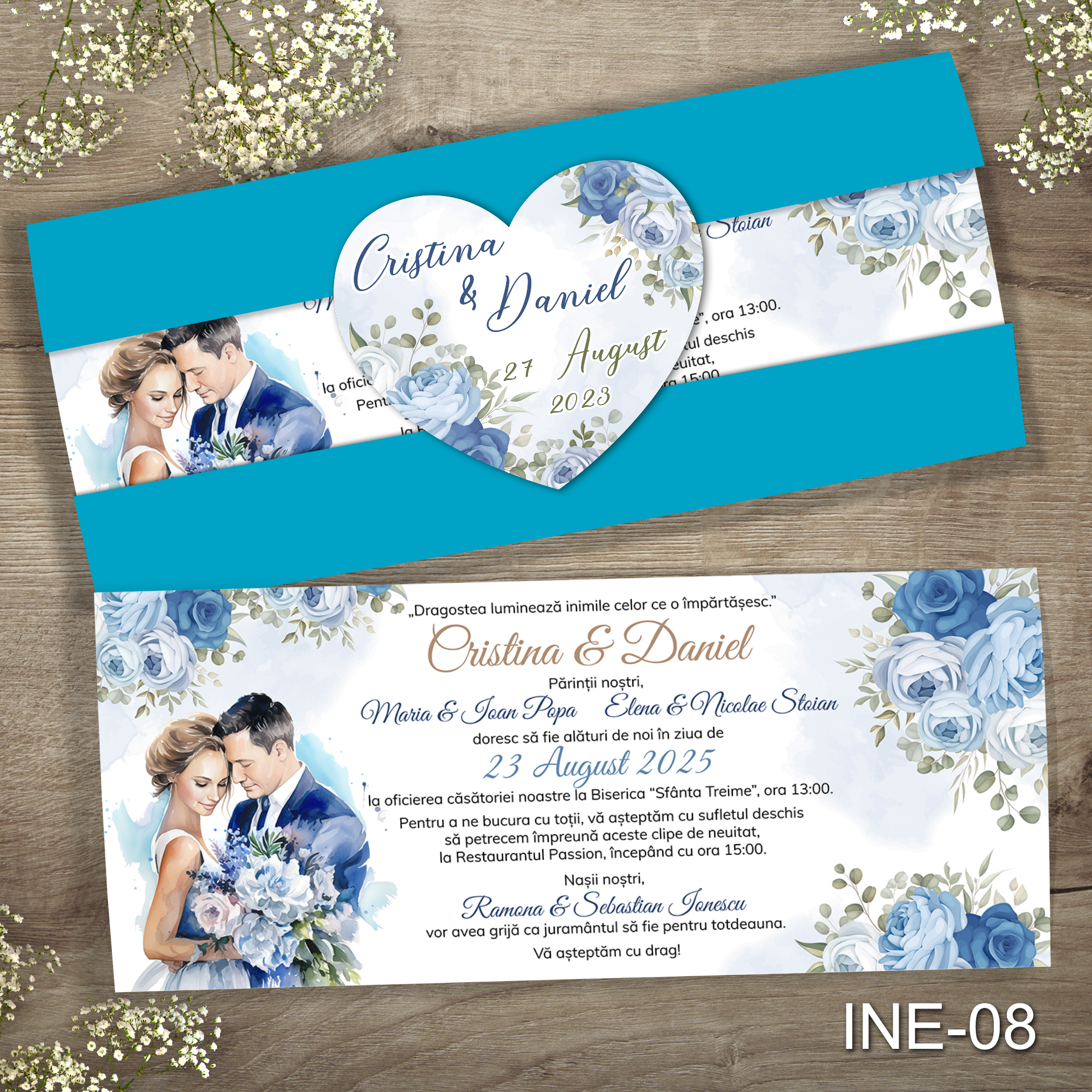 modele-invitatii-nunta-mire-si-mireasa-INE-08-plic-albastru Invitatii nunta cu eticheta si plic Albastru - INE-08 - imagine 1